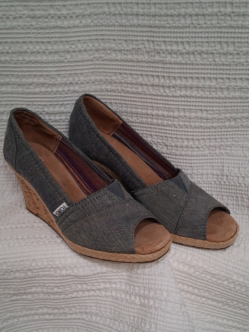 TOMS Gray Denim Peep-Toe Wedge Espadrilles Size 8